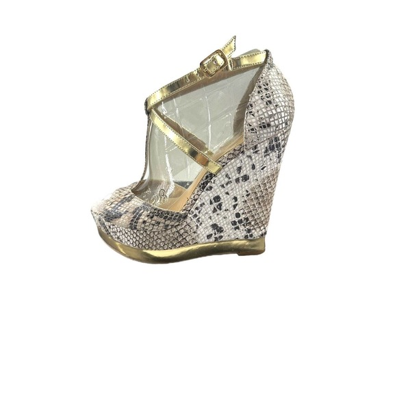 INC Snakeskin platform wedge high heals shoes With Gold Metallic T-Straps Sz 6 - Picture 6 of 10